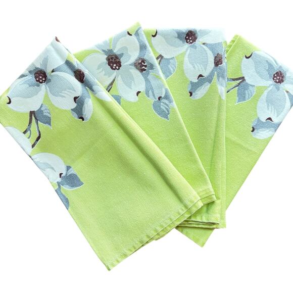 Mid Century chartreuse green cotton napkins set of 4 white dogwoods 1950's chic